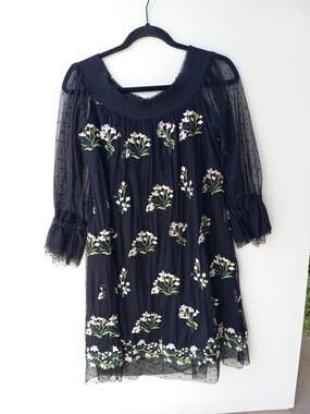 Lucy Paris Black Floral Mesh Dress with White & Green Embroidery Size L NWT